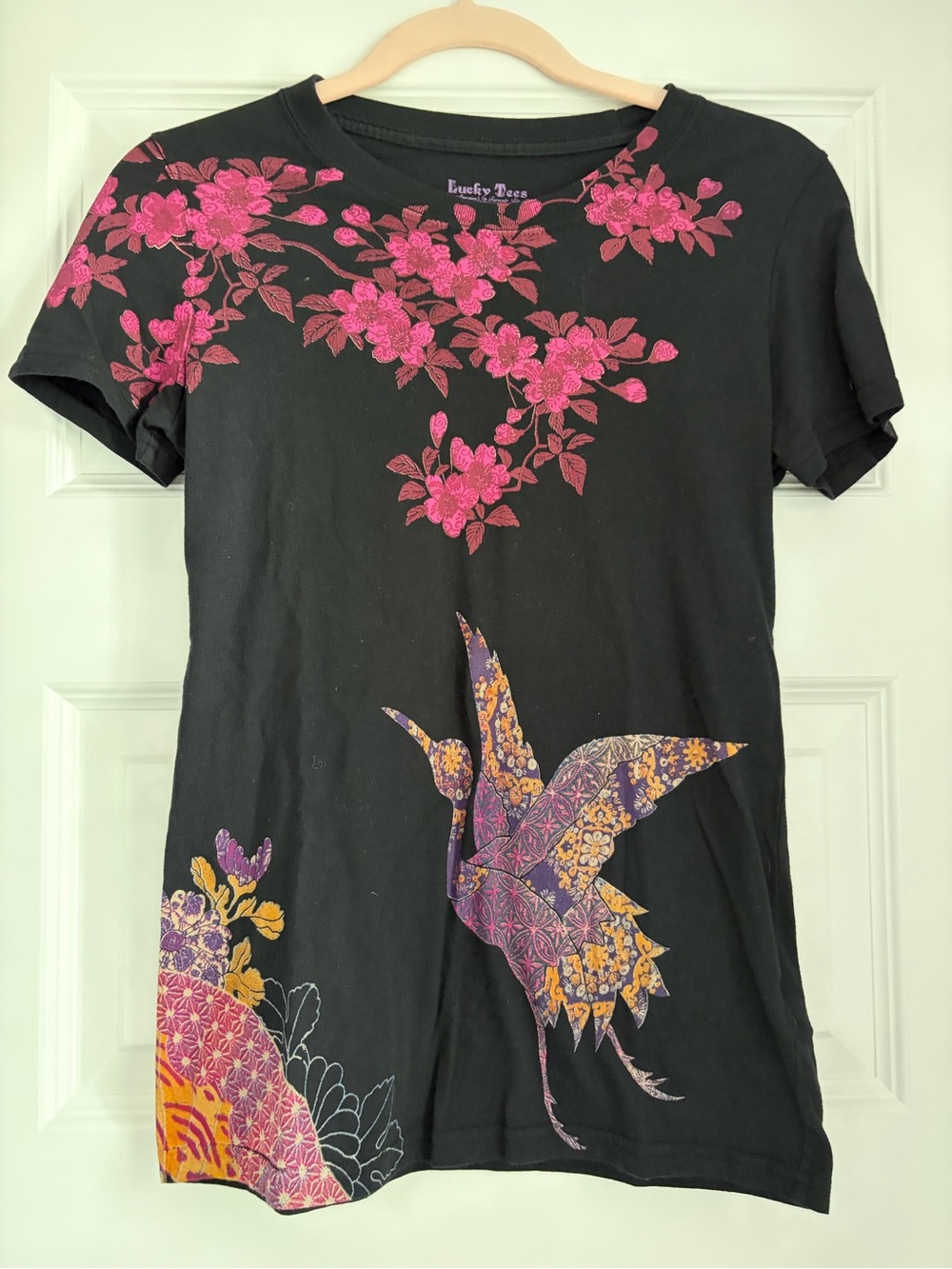 Lucky Tee Women's Black Floral & Bird Short Sleeve Tee - Pink Accents